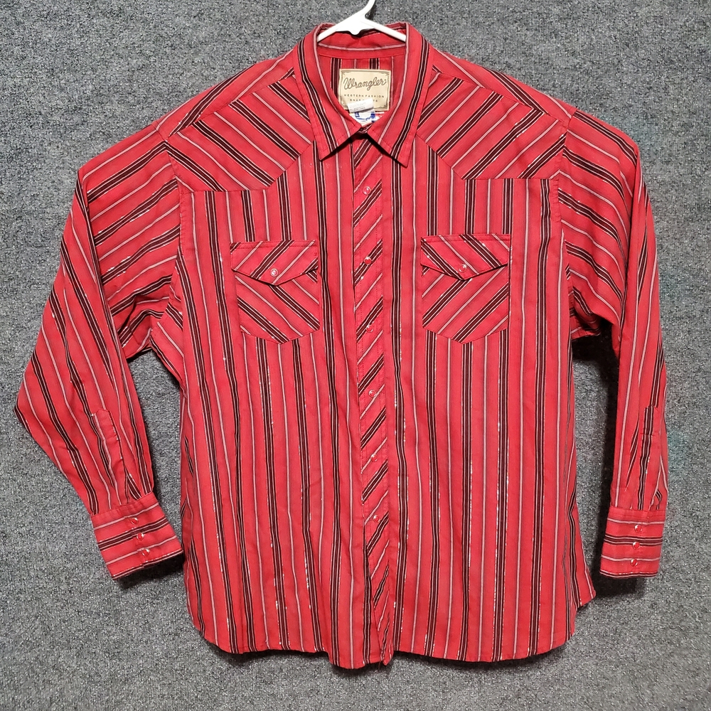 VTG Wrangler Western Mens Shirt 3XL Red Pearl Snap Shimmer Metallic Silver Rodeo
